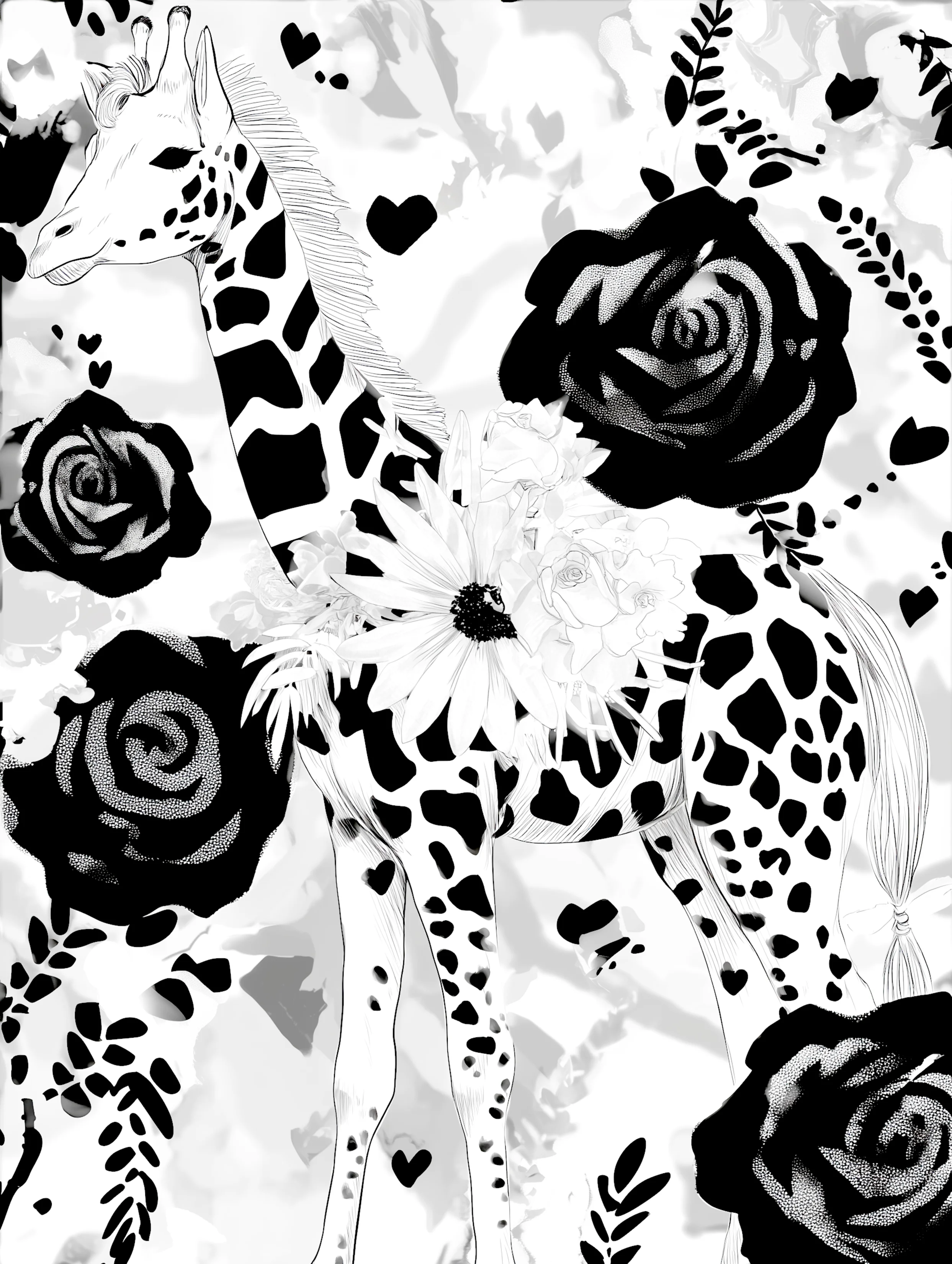 Free printable giraffe coloring page featuring big flower on the side of giraffe